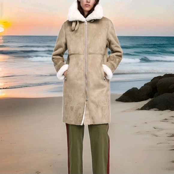 Zara Jackets & Blazers - ZARA Fur Suede Long Biker Coat:Camel, US L/EUR L